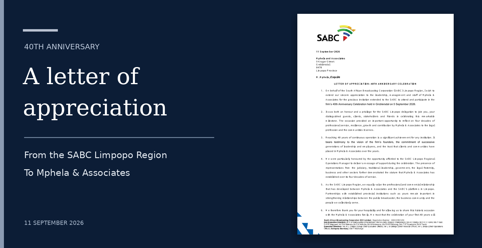 SABC Limpopo letter of appreciation to Mphela & Associates on its 40th anniversary