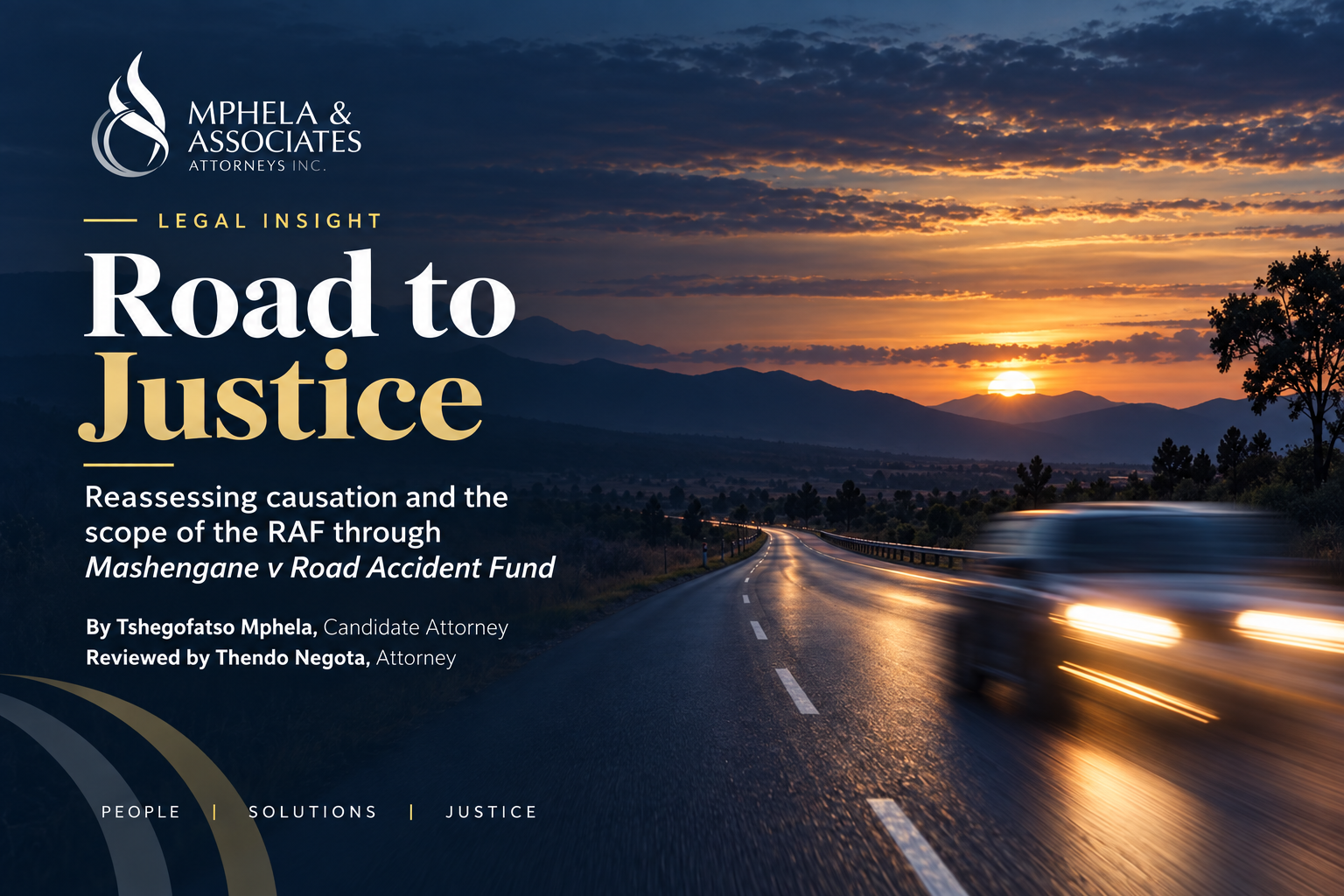 Road to Justice: Mashengane v Road Accident Fund, with a sunset road scene and Mphela & Associates branding.