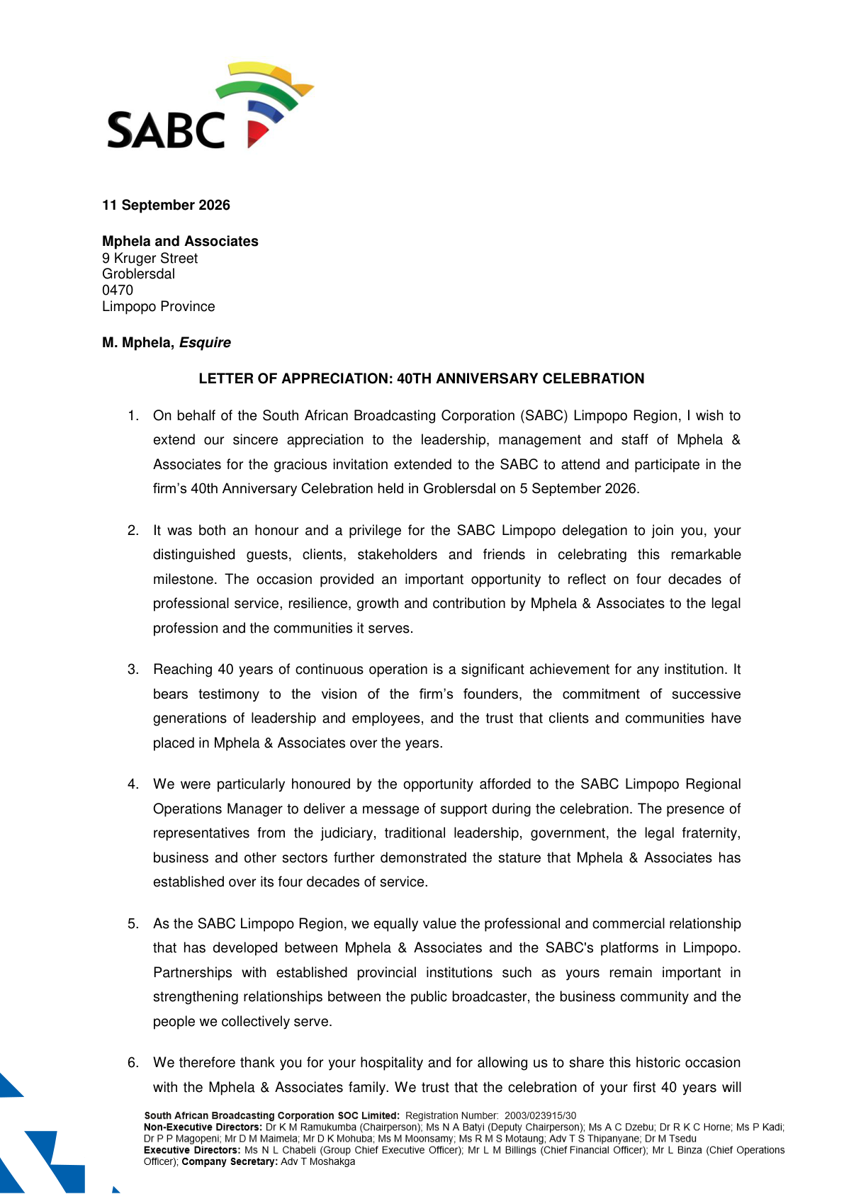 Page one of the original SABC Limpopo letter of appreciation to Mphela & Associates