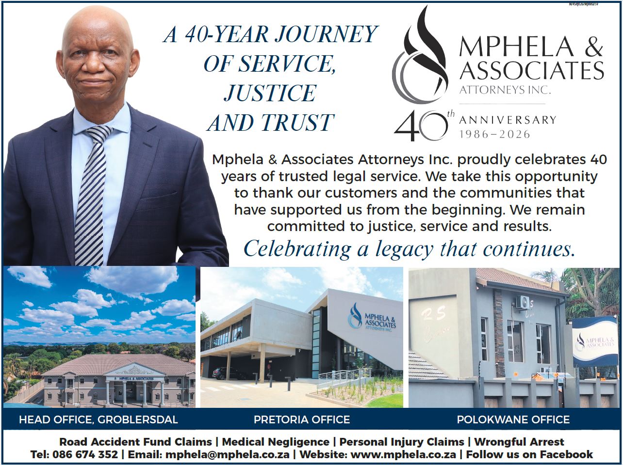 Maditsi Mphela and the Mphela & Associates 40th anniversary artwork celebrating service, justice and trust, 1986–2026.