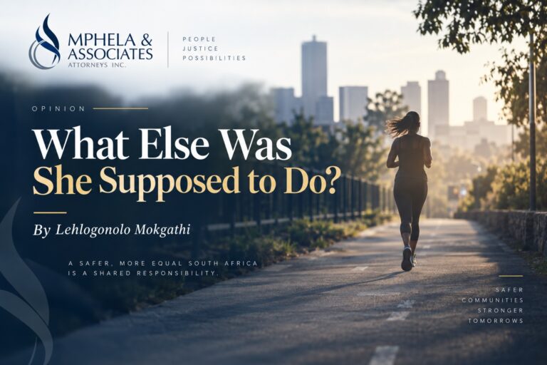 Woman running in a Mphela & Associates editorial graphic titled “What Else Was She Supposed to Do?” by Lehlogonolo Mokgathi.